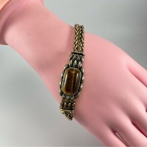 Vintage Unsigned Gold Tone Chain Tigers Eye Magnetic Closure Bracelet